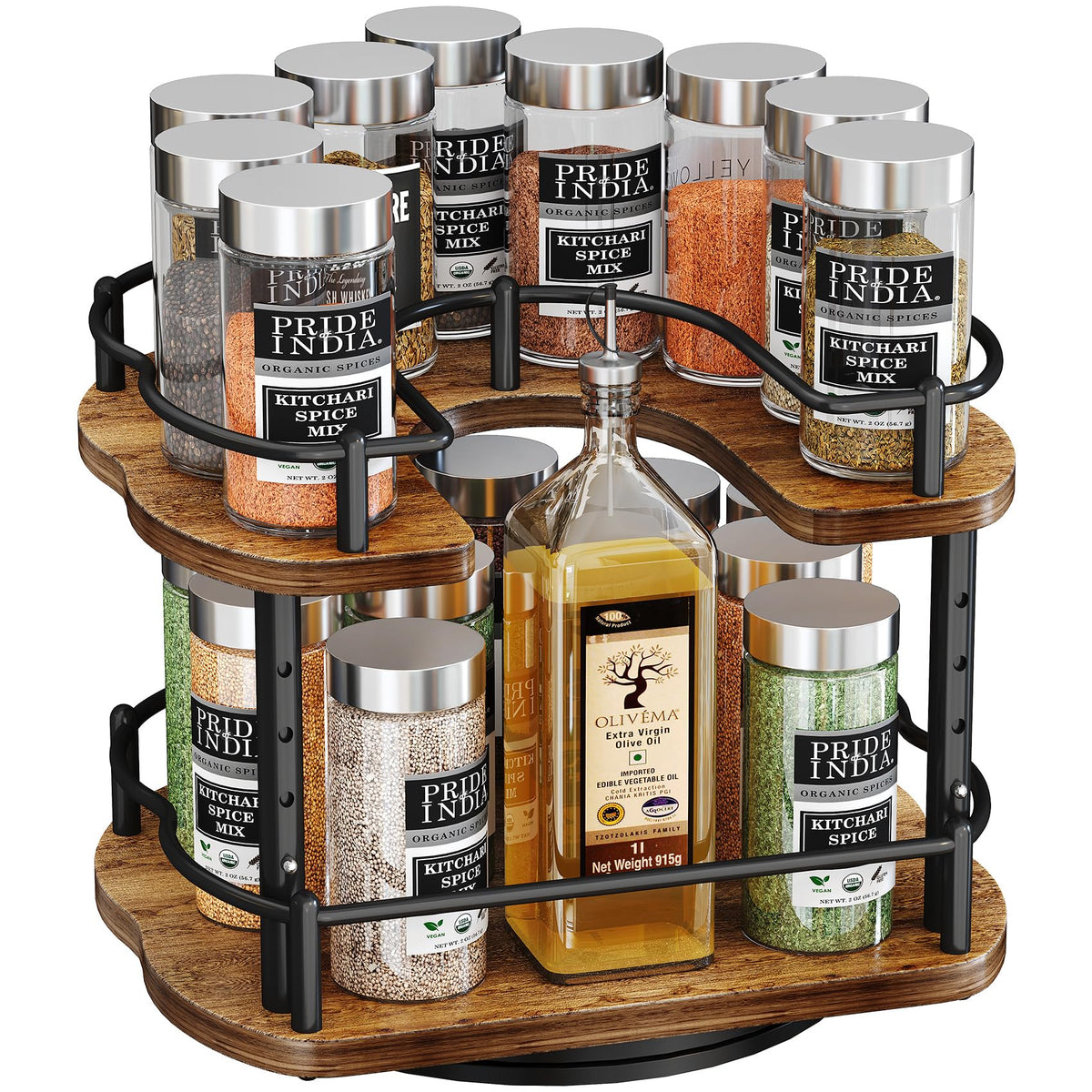 Lazy Susan Organizer Spice Rack - Spice Organization for Cabinet Height Adjustable Rotating Lazy Turntable, Pantry Kitchen Wood Revolving Seasoning Organizer (9 Inch)