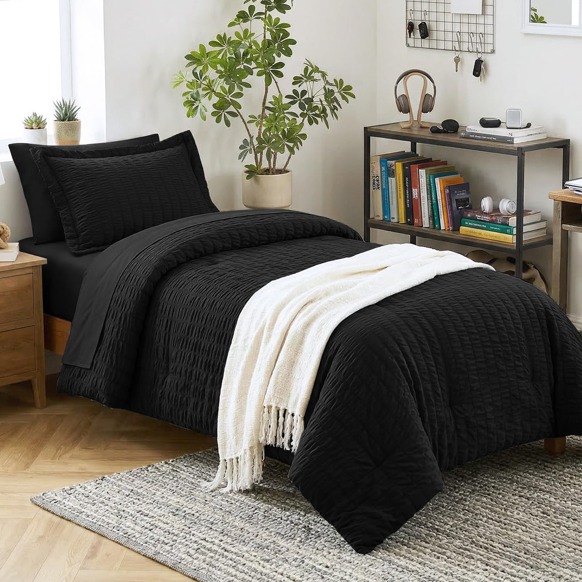 CozyLux Full Size Comforter Sets with Sheets 7 Pieces, Light Blue Seersucker Bed in a Bag Textured Luxury Soft Bedding Set with Down Alternative Comforter, Sheets, Pillowcases & Shams for All Seasons