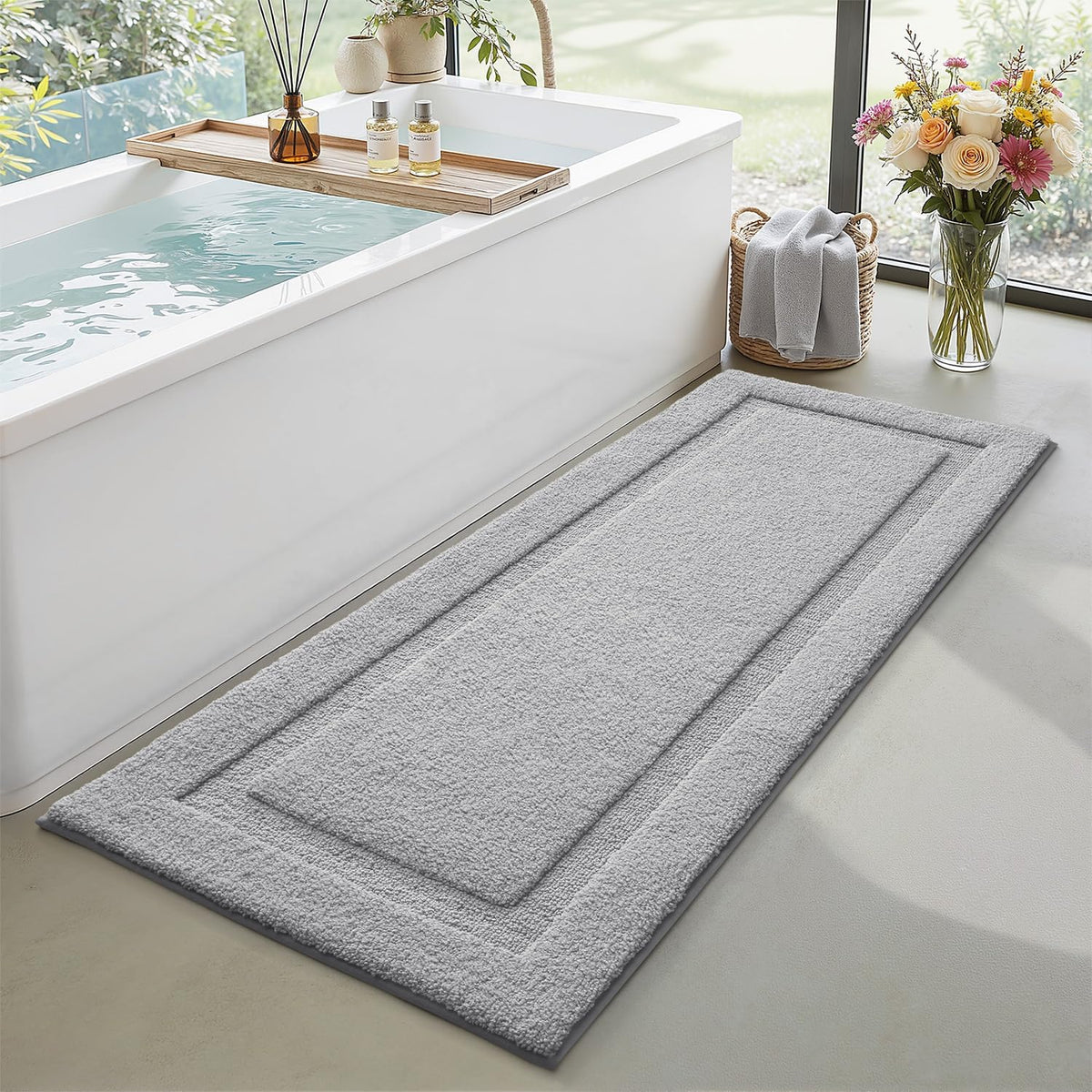 LUMI Ultra Soft Non Slip Bath Mat for Floor, Absorbent Machine Washable Bathroom Rug with Rubber Backing, Fluffy Shaggy Luxury Modern Mats for Bathtub, Shower, Home Decor, Light Grey,24x60