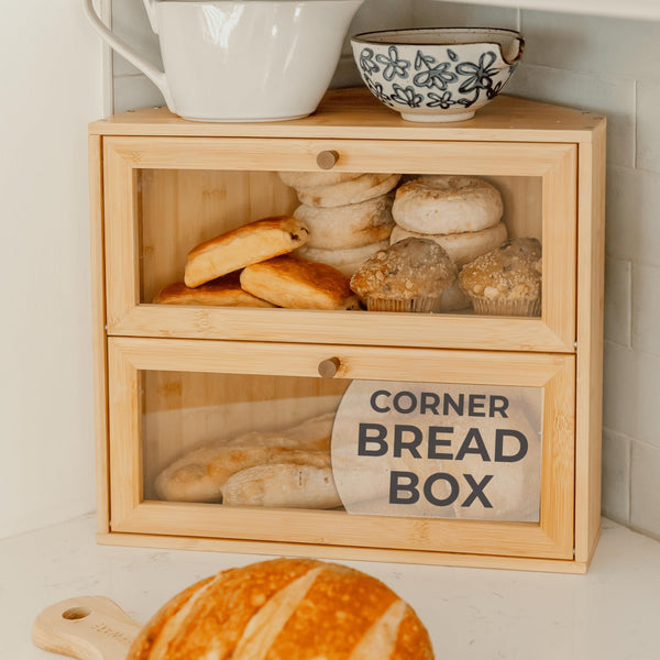 Corner Bread Box for Kitchen Countertop - New 2025 Airtight Design - Extra Large, Double Layer White Breadbox, Vintage Storage for Homemade Bread, Under Cabinet Organizer