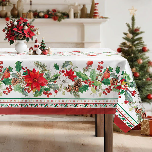 Christmas Flowers Tablecloth Waterproof, Red Cardinal Pine Table Cloth Rectangle Stain Resistant, Washable Table Cover for Home Kitchen Dining Party Decoration (60×104 inch)