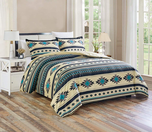 Chezmoi Collection Audun 3-Piece Southwestern Cowboys Aztec Comforter Set - Multicolor Teal Brown Beige Tan Red Printed Washed Microfiber Bedding, Oversized King Size