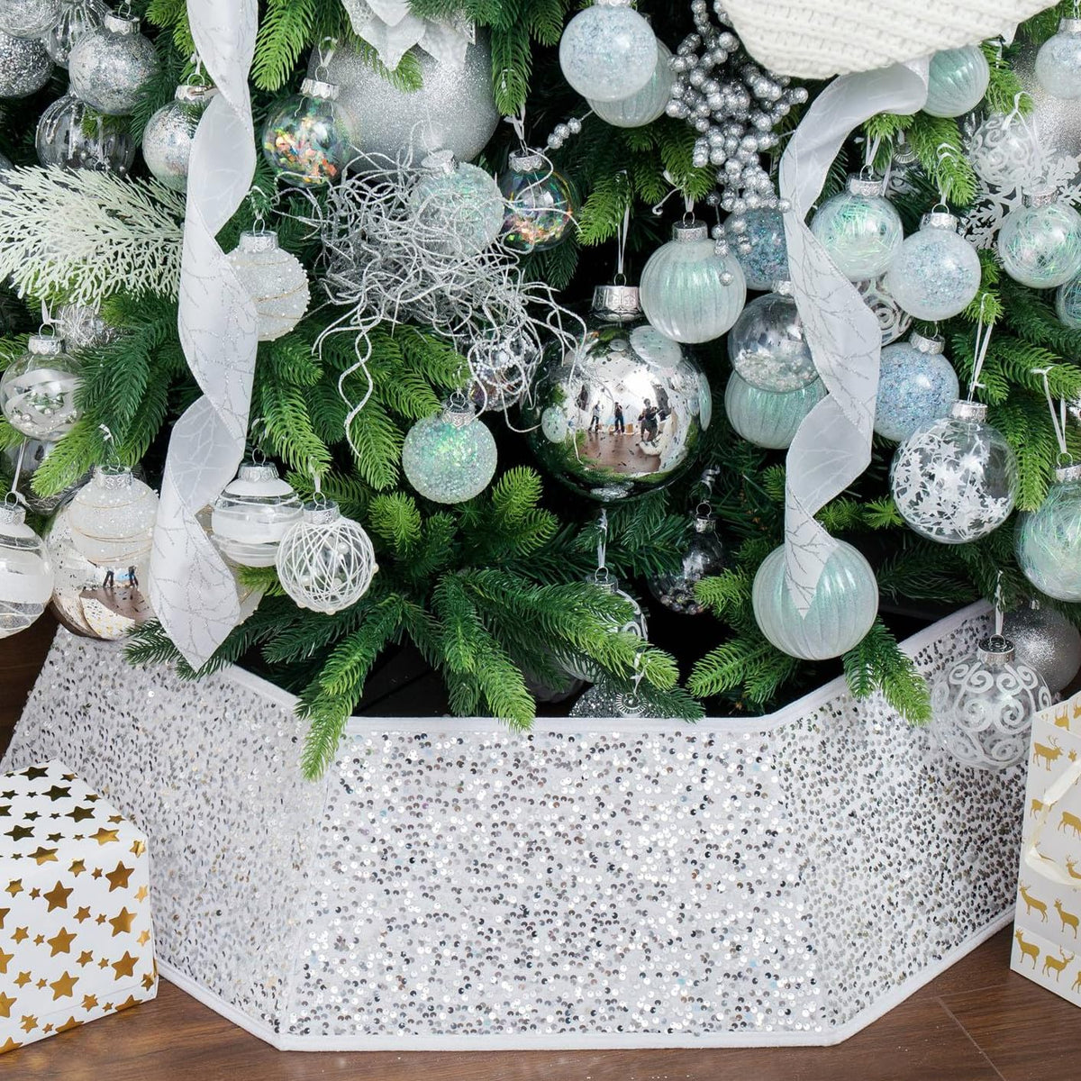 XmasExp Christmas Tree Collar, 24-36 inch Sequin Tree Skirt Stand Base Cover for Home Decor (Silvergrey, X-Large)