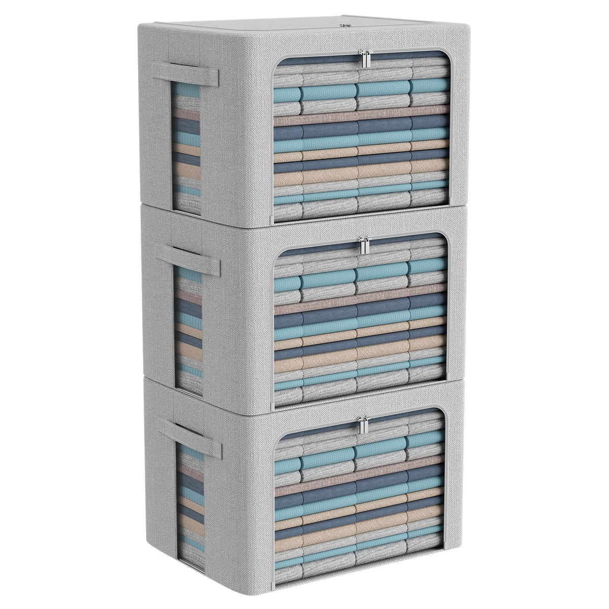 3Pack Foldable Storage Bins - Frame Storage Box Linen Fabric Stackable Clothes Container Organizer with Clear Window & Carry Handles Large Capacity (Extra Large-100L, Light Grey)