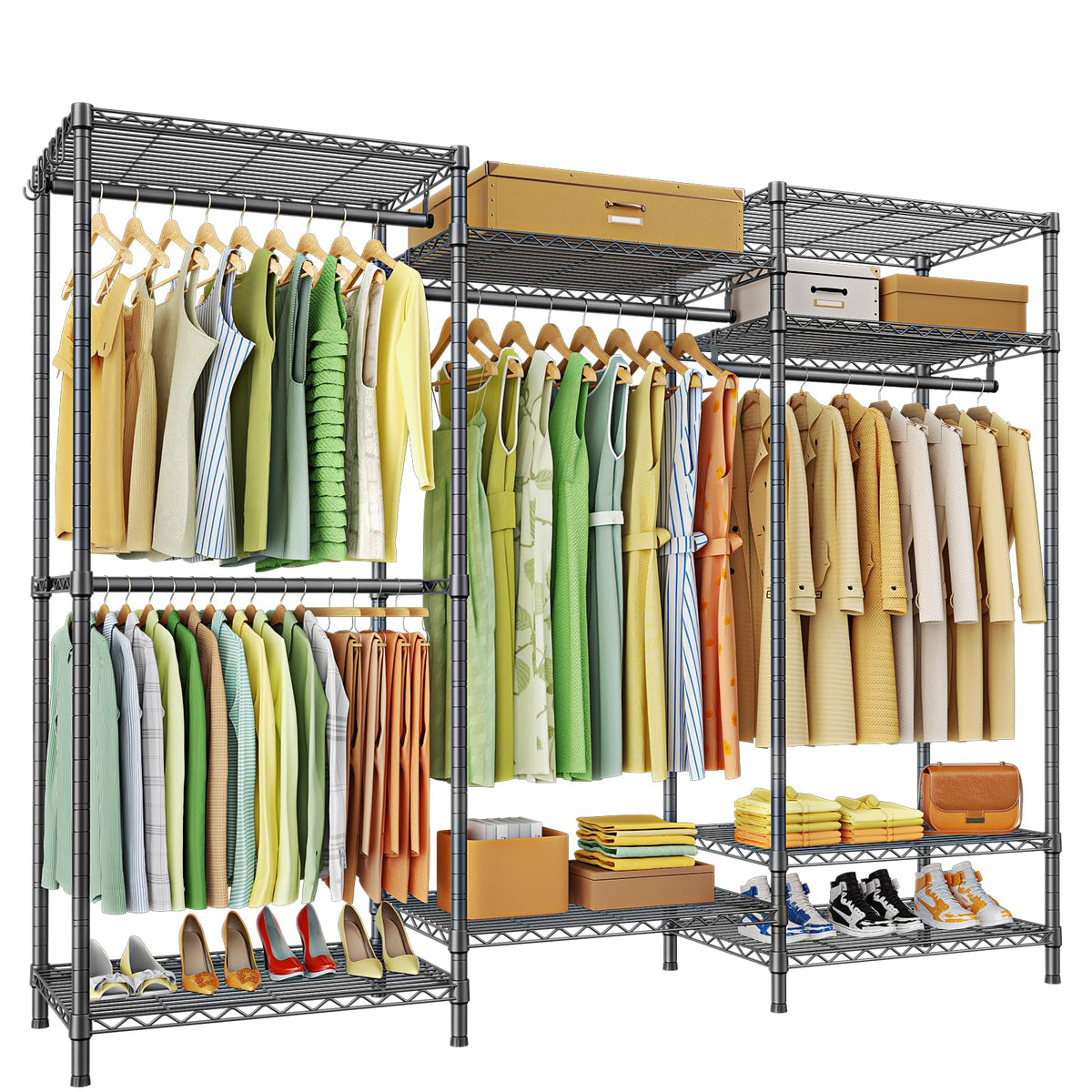 Ulif E13 Heavy Duty Clothes Rack（With 4 Hanger Rods & 8 Shelves） Freestanding Clothing Racks for Hanging Clothes，Adjustable Closet Organizer，Metal Garment Rack 63" W x16 D x77 H，Max Load 900LBS，Grey