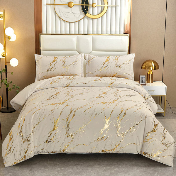 WONGS BEDDING Black Gold Metallic Marble Comforter Set Queen Foil Print Glitter Bedding Sets with 2 Pillowcases for All Seasons, Soft Microfiber Filling Bedding Duvet Set 90"x90"