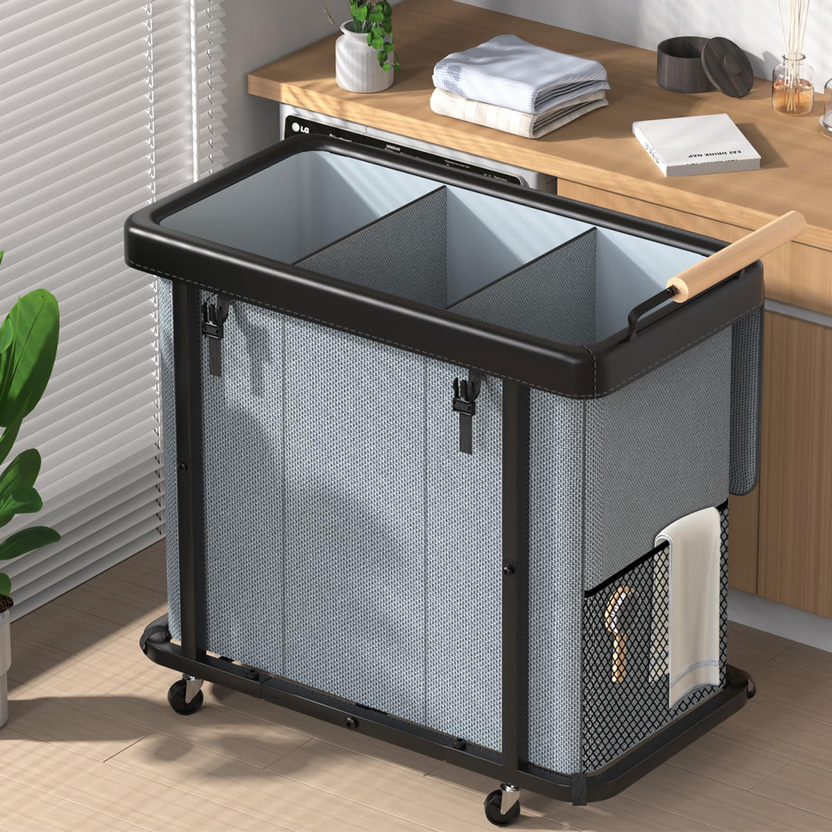 60 Gal (230L) Laundry Hamper 3 Section with Lid (Gray)