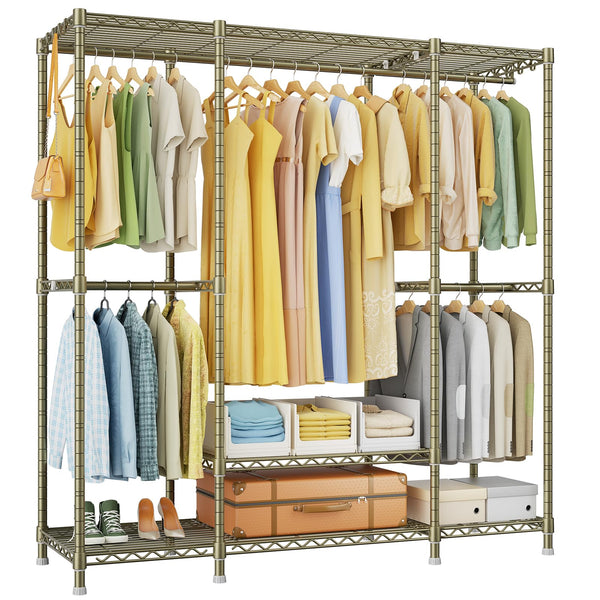 Ulif E3 Heavy Duty Garment Rack, 4 Tiers Freestanding Closet Organizer System with 5 Shelves, Metal Closet Organizer and Storage System for Clothes, Max Load 850lbs, 58.4"W x 15.7"D x 77.3"H, Bronze