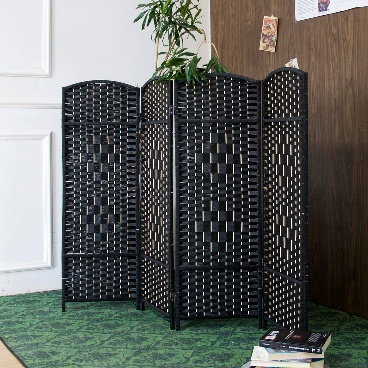 Furnnylane 6 Panel Rattan Divider Short Room Partition Screen,Double Sided Folding Divider for Room Separation,Black,3.95 FT Tall (120 CM)