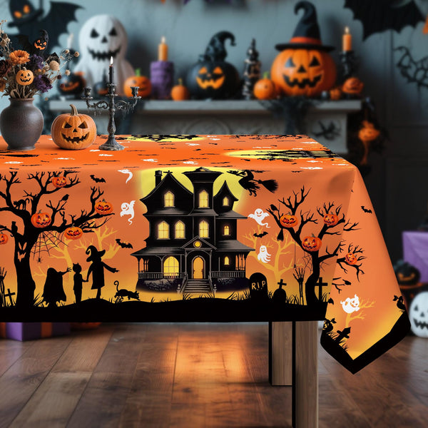 Halloween Gnome Ghost Tablecloth Waterproof, Truck Pumpkin Bat Grey Table Cloth Rectangle, Washable Table Cover for Halloween Party Home Kitchen Decoration (60×84 Inch)