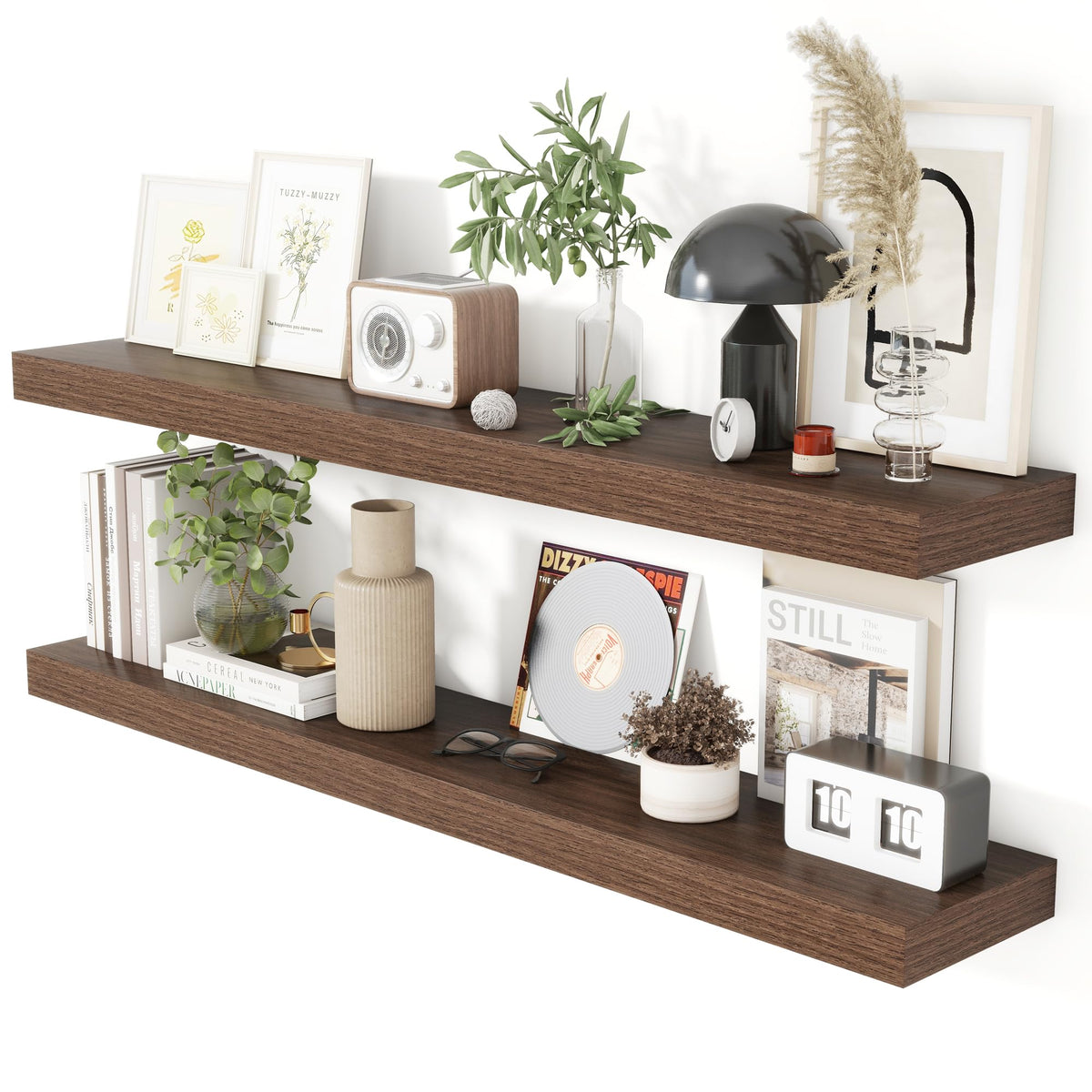 Heimlove 48 Inch Floating Shelves for Wall 8 Inch Deep Rustic Brown Shelves Set of 2,Wall Mounted Rustic Wood Long Floating Shelf，Large Display & Storage Shelf with Invisible Brackets