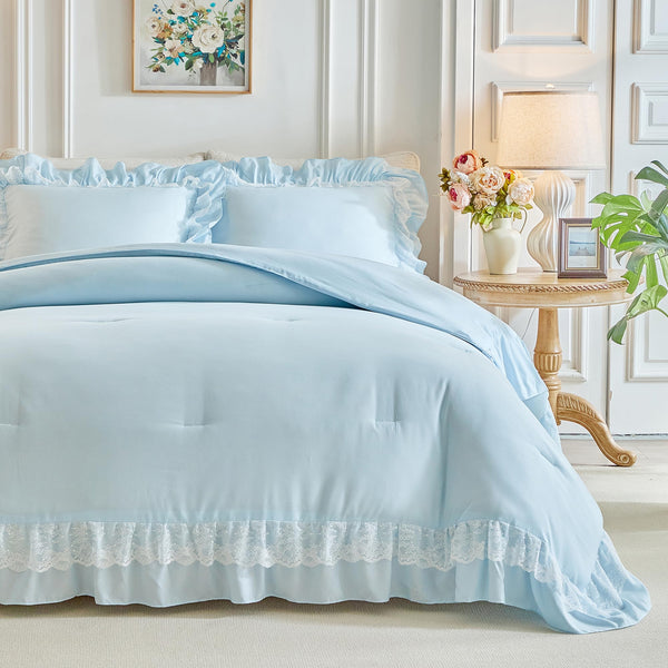 Joyreap King Size Comforter Set Black, 3pcs Lace Ruffled Bedding Comforter Set, Microfiber Vintage Boho Chic Bedding Set for All Season- 100x88 inches