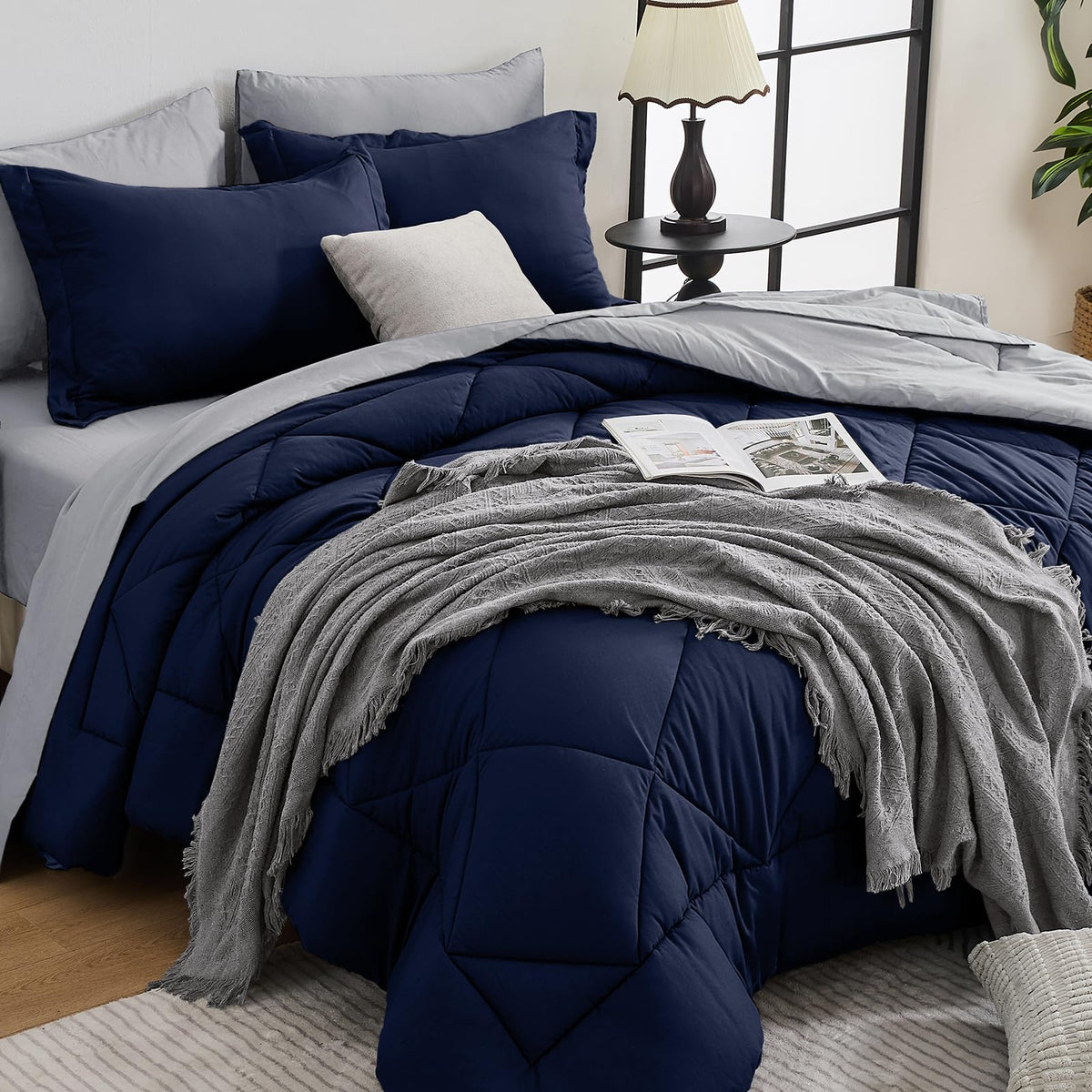 HEVUMYI Full Comforter Set - 7-Piece All Season Bed in a Bag Full, Ultra Soft Bedding Set with Comforter, Flat Sheet, Fitted Sheet, Pillowcases, Pillow Shams, Olive Green
