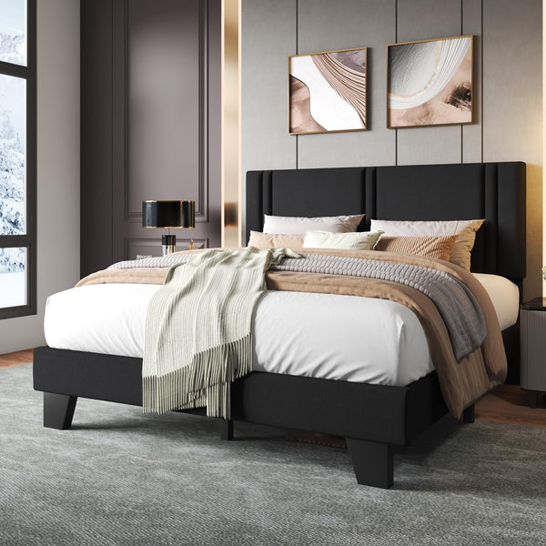 Einhomn Upholstered Full Size Bed Frame with Linen Fabric Headboard, Strong Wooden Slats Support, Noise Free, No Box Spring Needed, Dark Grey