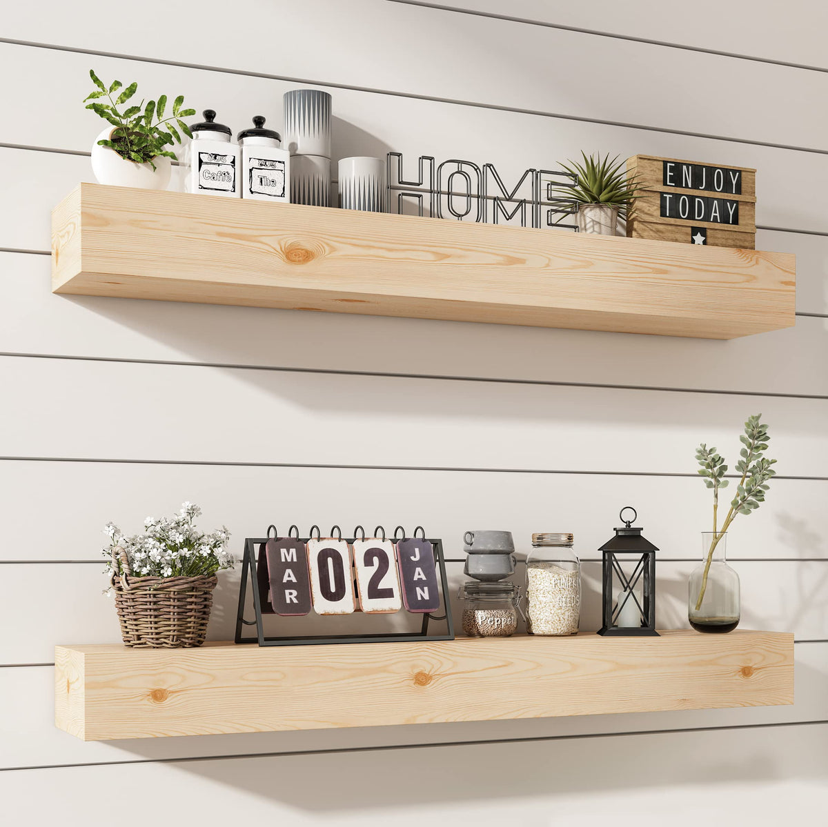 Wall Floating Shelves, Rustic Wood Shelf for Wall Mounted - Wooden Handmade Shelves for Bathroom Kitchen Livingroom - No Stain - DIY(Unfinished, 24 Inch - 2 Pack)