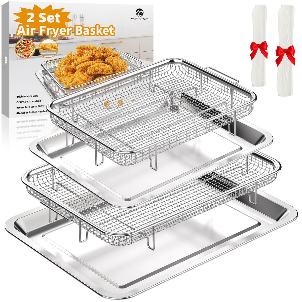 Air Fryer Basket for Oven, 3 Set Stainless Steel Oven Air Fryer Basket and Tray with 90 PCS Parchment Papers,YEPATER Air Fryer Pan and Crisper Tray for Baking Grilling Cooking and Frying