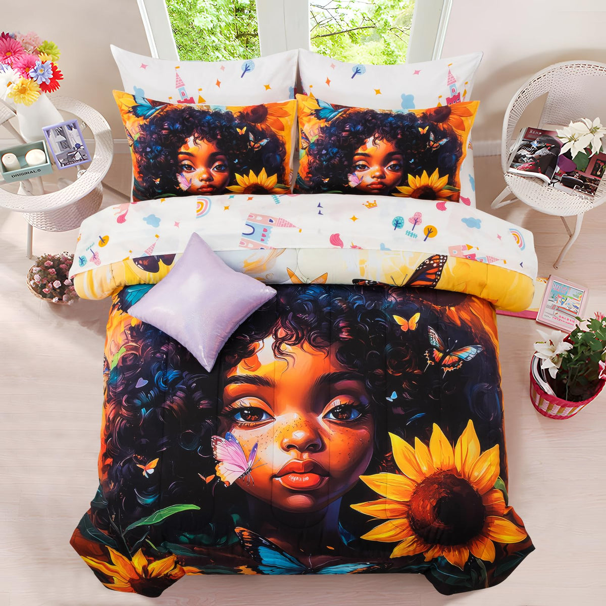 A Nice Night Mermaid Wearing Starfish Hair Accessory Queen Comforter Set for Girls, Ocean Theme Twin 6-Piece Bed in a Bag with Sheet Set & Pillowcases
