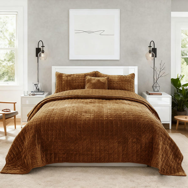 Quilt Set Oversized King Size 120x120 Luxurious Velvet Bedding Sets with 2 Pillow Shams 20x36 3 Pieces Ultra Soft Quilted Bedspread Coverlet Comforter for All Season,Rust