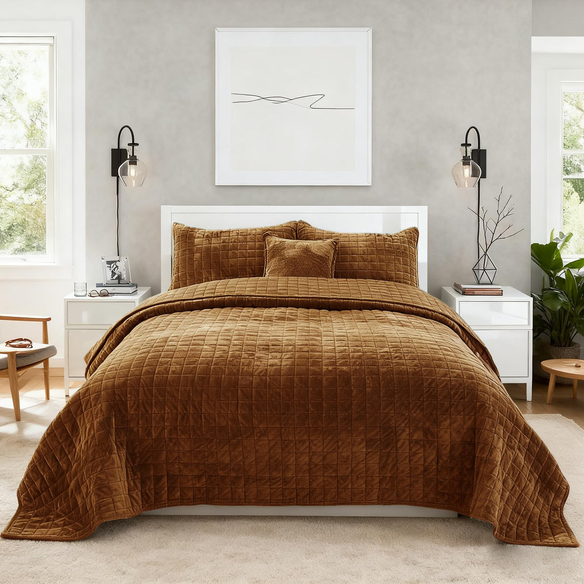 Quilt Set Oversized King Size 120x120 Luxurious Velvet Bedding Sets with 2 Pillow Shams 20x36 3 Pieces Ultra Soft Quilted Bedspread Coverlet Comforter for All Season,Rust