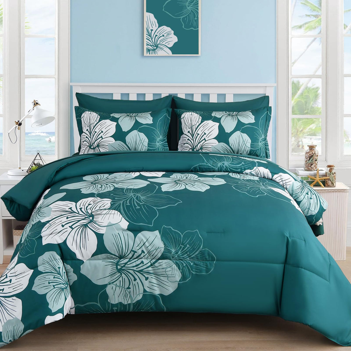 Luxudecor Comforter Set Queen Size, Yellow Floral Pattern Printed on Light Grey, Soft Microfiber 7 Pieces Bed in a Bag (1 Comforter, 2 Pillow Shams, 1 Flat Sheet, 1 Fitted Sheet, 2 Pillowcases)