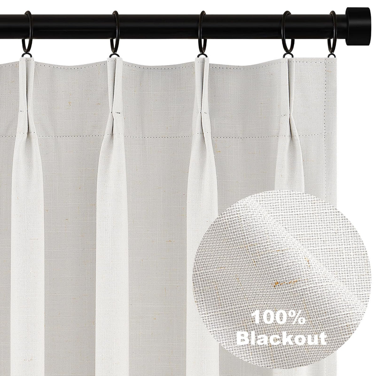 Topfinel 90 Inches Long Full Blackout Linen Curtains for Bedroom, Oatmeal Pinch Pleated Sound Block Curtains, Beige Decorative Elegant Farmhouse Lined Drapes 2 Panels Set for Living Room Sliding Door