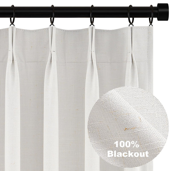 Topfinel 90 Inches Long Full Blackout Linen Curtains for Bedroom, Oatmeal Pinch Pleated Sound Block Curtains, Beige Decorative Elegant Farmhouse Lined Drapes 2 Panels Set for Living Room Sliding Door