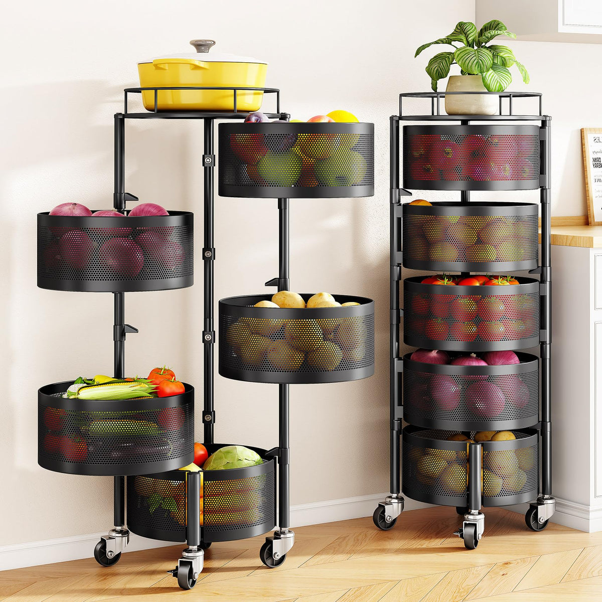 SNTD Fruit and Vegetable Basket Bowls for Kitchen with Metal Top Lid, 5 Tier Rotating Storage Rack Cart for Potato Onion Bread Banana, Wire Basket Organizer on Wheels, Large (Green)