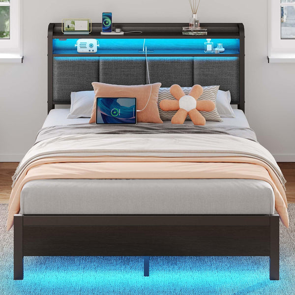 Rolanstar Queen Bed Frame with LED Lights, Upholstered Headboard, Charging Station, Storage Shelves, Heavy Duty Metal Slats, No Box Spring Needed, Noise Free, Easy Assembly, Grey