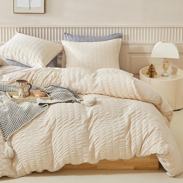 WARMDERN Duvet Cover Set Super King Size, 3pcs Washed Microfiber Beige Bedding Set, Soft Breathable Striped Textured Seersucker Duvet Cover with Zipper Closure & Corner Ties(Beige, Super King)