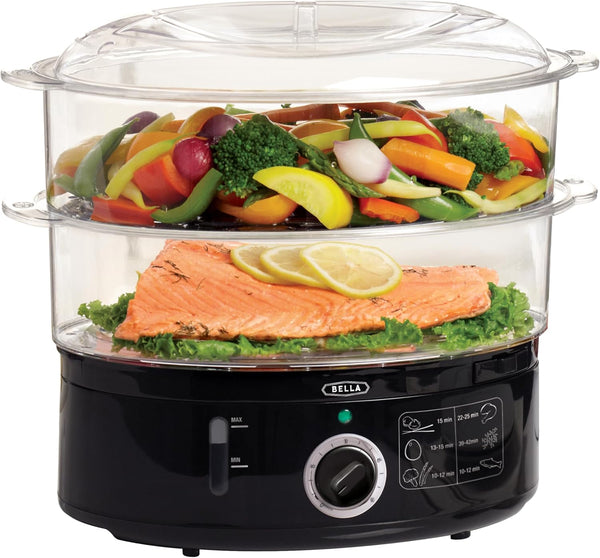 Bella Two Tier Food Steamer with Dishwasher Safe Lids and Stackable Baskets & Removable Base for Fast Simultaneous Cooking - Auto Shutoff & Boil Dry Protection, Stainless Steel, 7.4 QT, Black
