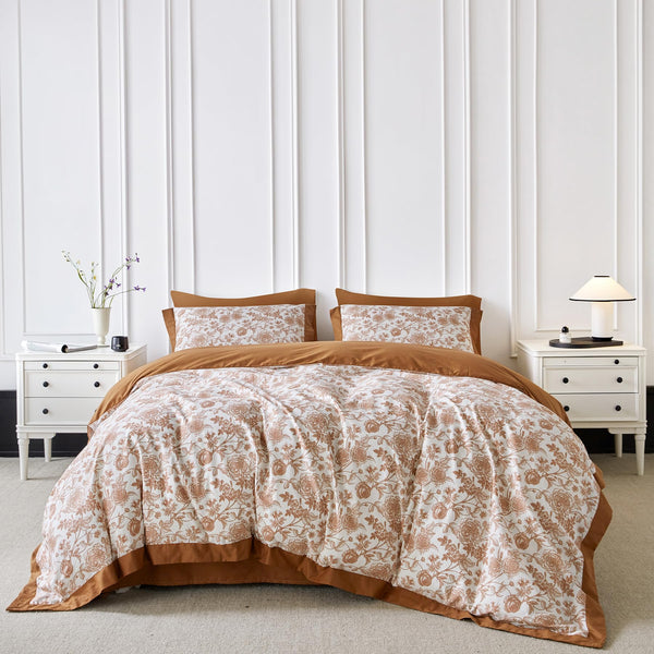 SUSYBAO Morocco Flower Duvet Cover King 100% Cotton 3 Pieces Set 1 Bohemian Geometric Duvet Cover with Zipper Ties 2 Pillowcases Southwestern Soft Terracotta Floral Bedding Set Breathable