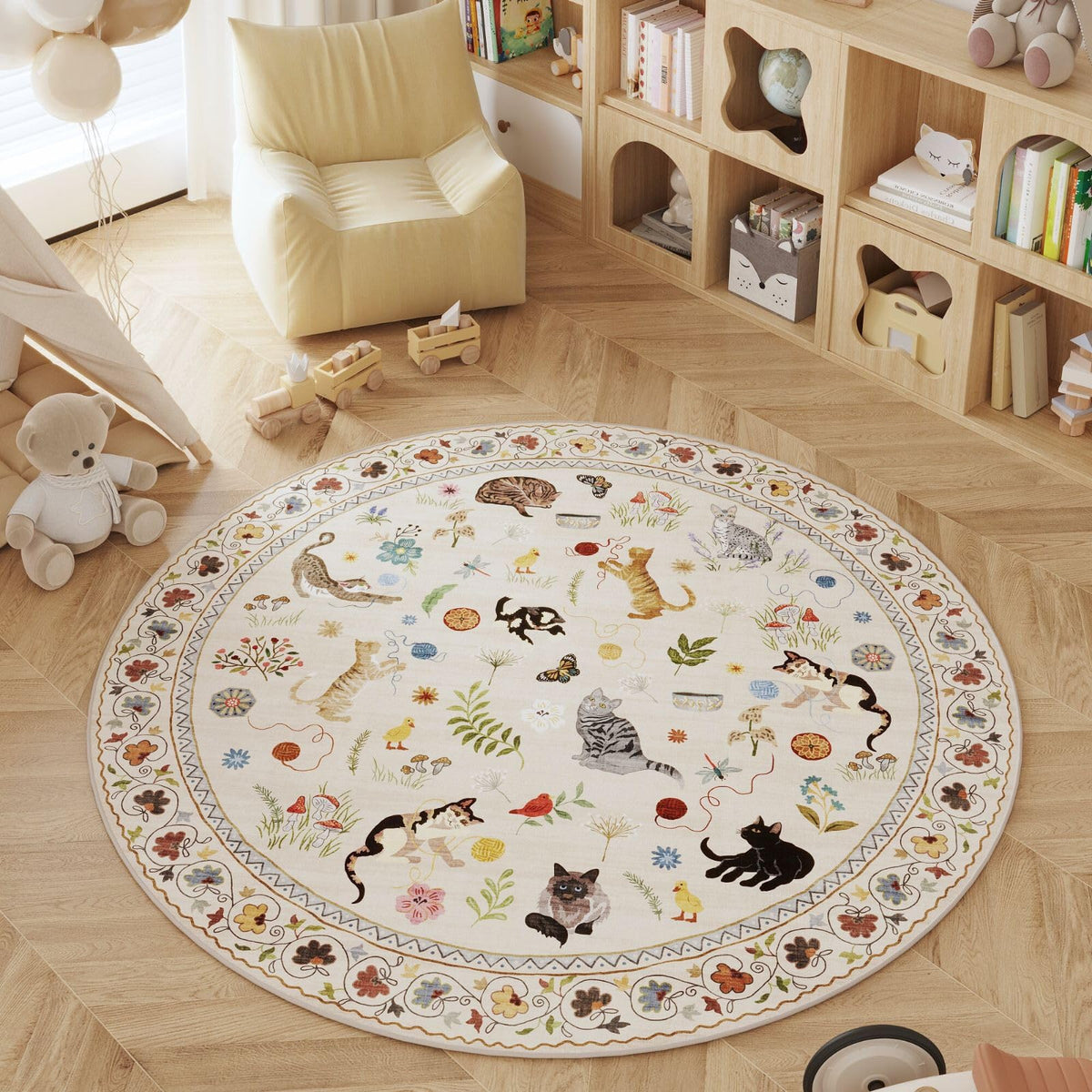 Rugcomf Round Rug 6ft Washable Circle Rug Non Slip Low Pile Boho Floral Animal Cat Small Circular Rug for Bedroom Bathroom Entryway Kids Room Office College Dorm, Black