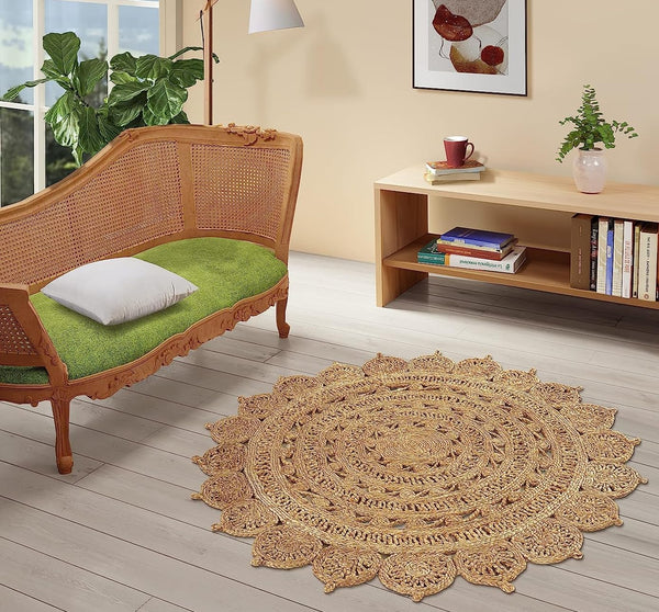 GRUHUM Handwoven Round Jute Area Rug 5ft Natural Fibre Rustic Vintage Boho Beige Braided Reversible EcoFriendly Rugs for Bedroom Kitchen Living Room Farmhouse Hallways Enterways (5'ft Circle)