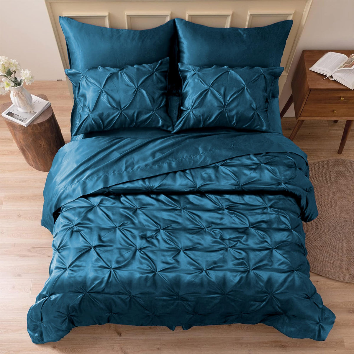 MR&HM Satin Comforter Full 7 Pieces - Luxurious Pinch Pleat Bedding Set with Comforter, Flat Sheet, Fitted Sheet, Pillowcases & Shams, Super Silky Soft Bed Set for All Season (Full, Teal)
