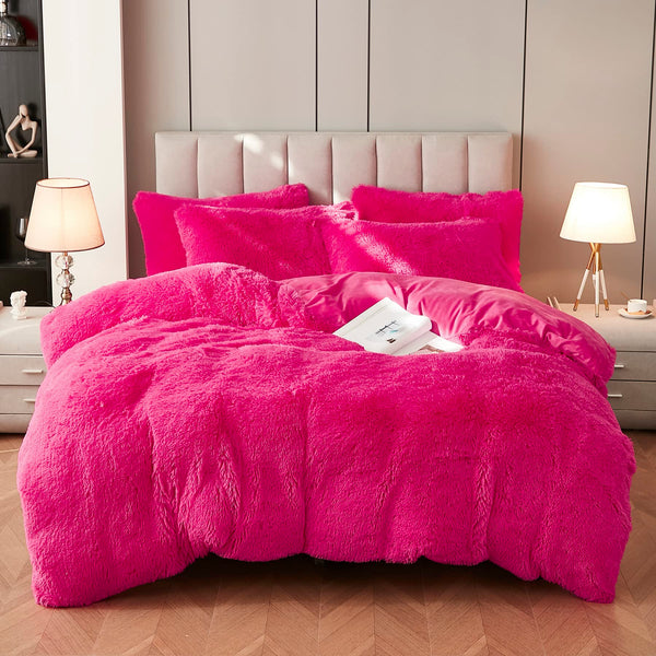 Faux Fur Velvet Fluffy Bedding Duvet Cover Set Down Comforter Quilt Cover with Pillow Shams, Ultra Soft Warm and Durable (Apple Green, King)