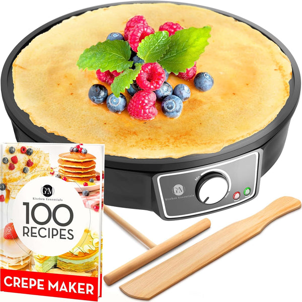 Crepe Maker Machine (Easy to Use), Pancake Griddle – Nonstick 12” Electric Griddle – Pancake Maker, Batter Spreader, Wooden Spatula – Crepe Pan for Roti, Tortilla, Blintzes – Portable, Compact