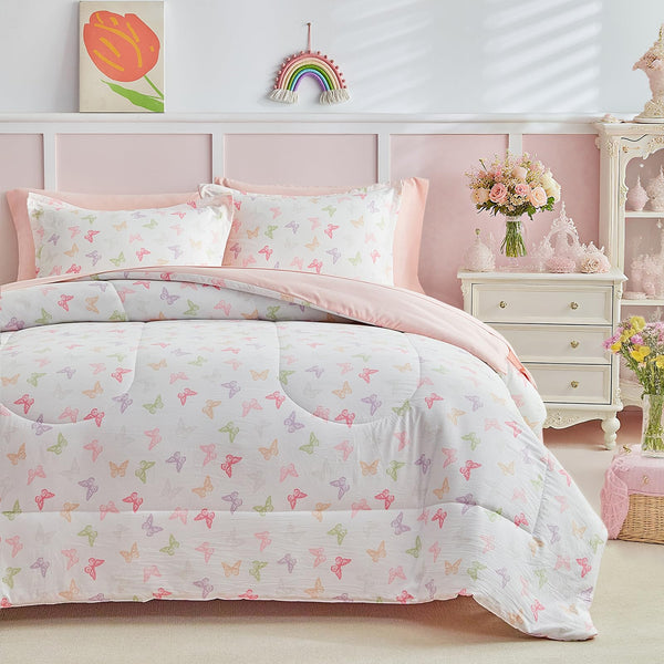 Joyreap 7pcs Bed in a Bag for Girls, Pink Rainbow Lovely Design, Queen Size Microfiber Comforter Sheet Set, Soft Cozy Bedding Comforter Set for All Season