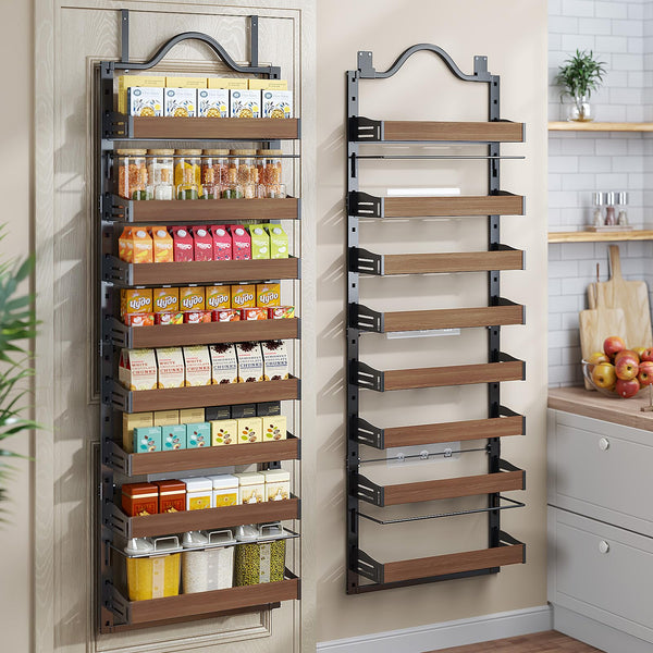 8-Tier Over The Door Pantry Organizer, Heavy-Duty Pantry Door Organizer with Wooden Adjustable Basket, 2 IN 1 Wall Mount or Hanging Spice Rack, Back of Spice Rack, Black