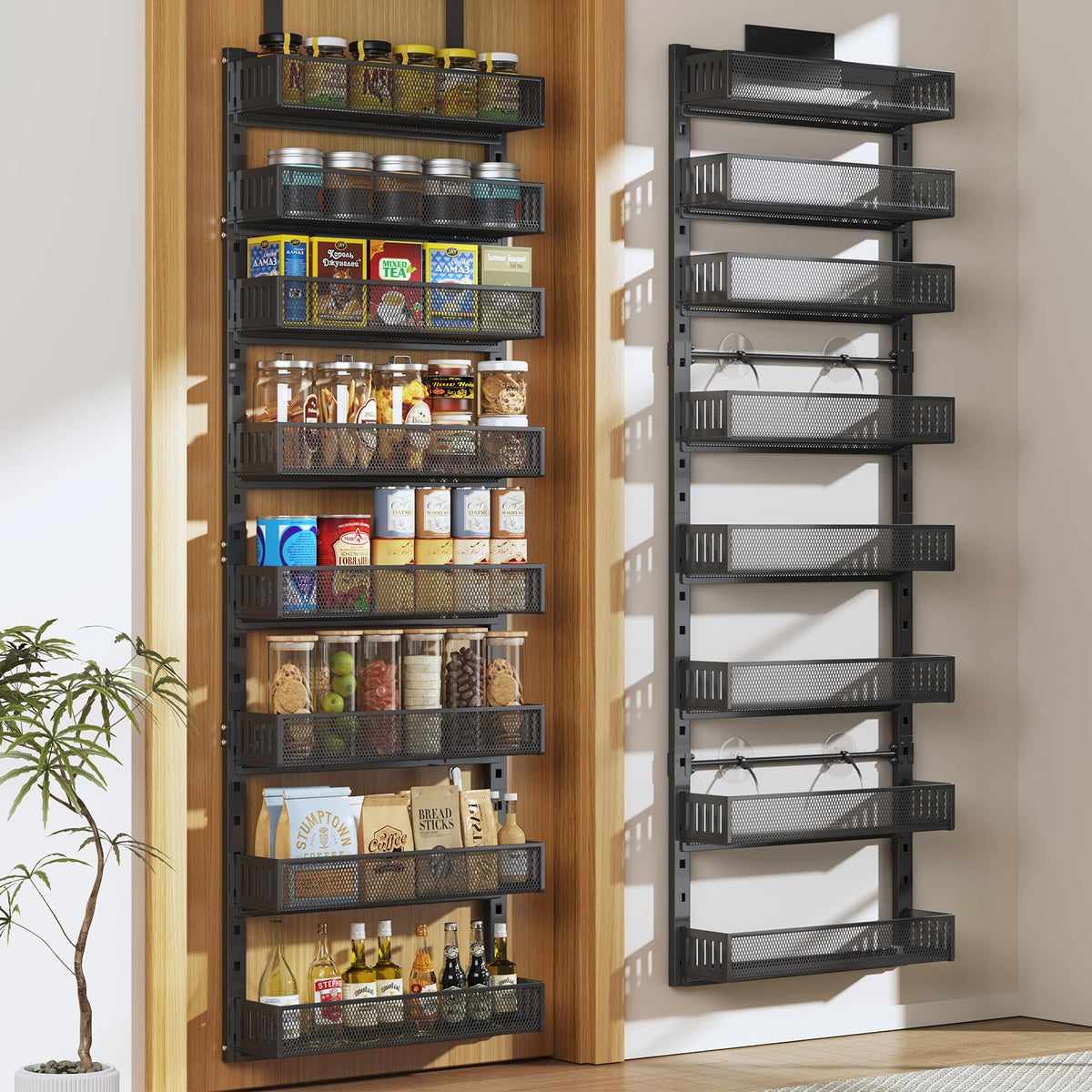 Pantry Organizers for Door and Storage, 8 Tier Spice Rack with Large Sturdy Metal Frame Over The Door, Wall Shelf or Hanging 2 in 1 for Kitchen, Bathroom