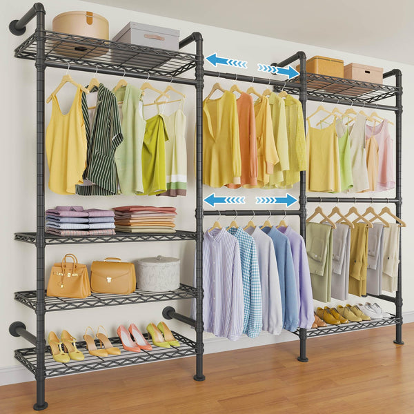 Timate F3 Plus Wall Mounted Clothes Rack Industrial Pipe Clothing Rack for Hanging Clothes, Heavy Duty Clothes Rack with Shelves, Expandable Garment Rack Wall Closet System, Black Pipe Closet Kit