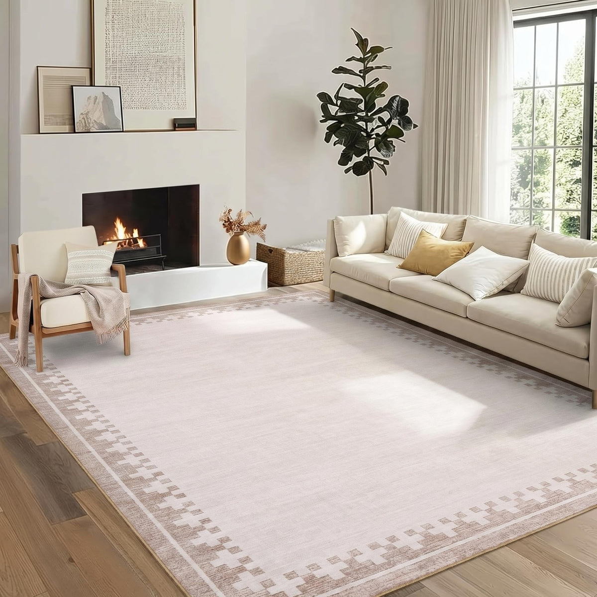 GarveeHome Washable Bordered Area Rug for Living Room Bedroom, Beige 10x13