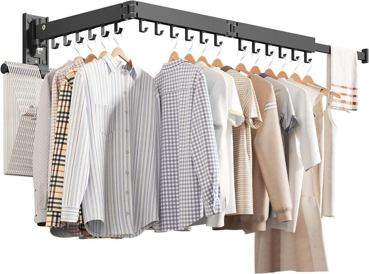 ZdwCyl Wall Mounted Clothes Hanger Rack,Clothes Drying Rack Wall Mount,Laundry Rack,Drying Rack Clothing,Laundry Hanger Rack,Retractable,Collapsible,can be Fold Upward & Left Right, Black-Upgrade