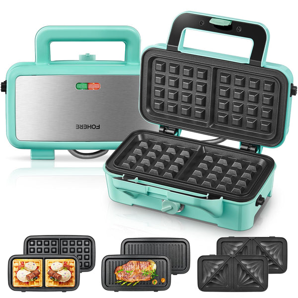 FOHERE Waffle Maker 3 in 1 Sandwich Maker 1200W Panini Press With Removable Plates and 5-gear Temperature Control, Non-stick Coating Easy to Clean,Indicator Lights, Red