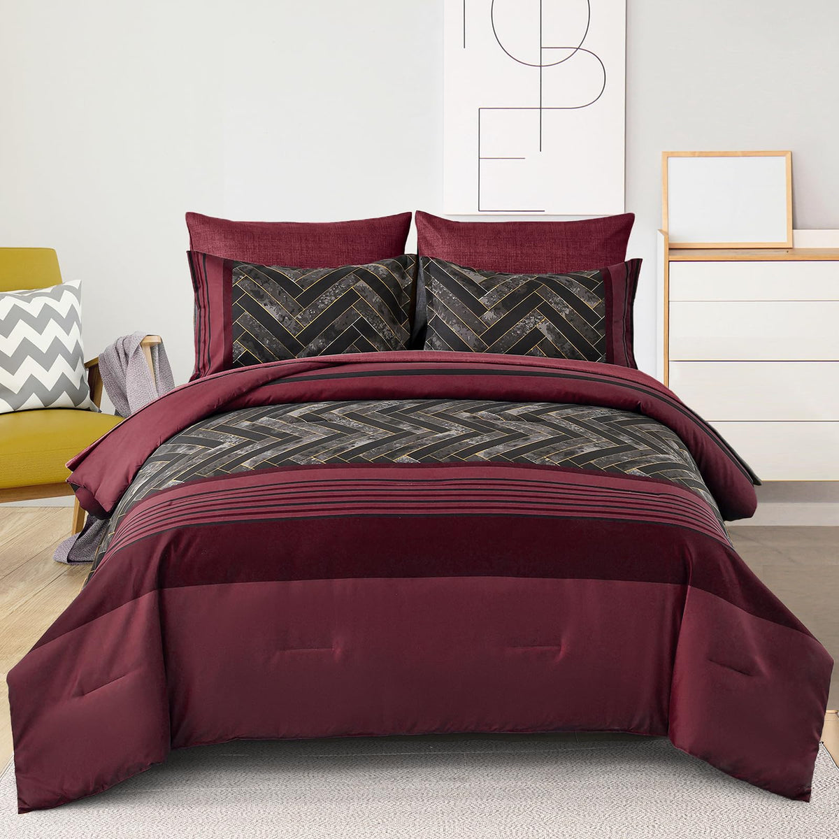 Luxudecor Black Comforter Set Queen Size, 7 Pieces Stripe Geometric Bed in a Bag, Geometric Comforter and Sheet Set, Soft Microfiber Complete Bedding Sets for All Seasons