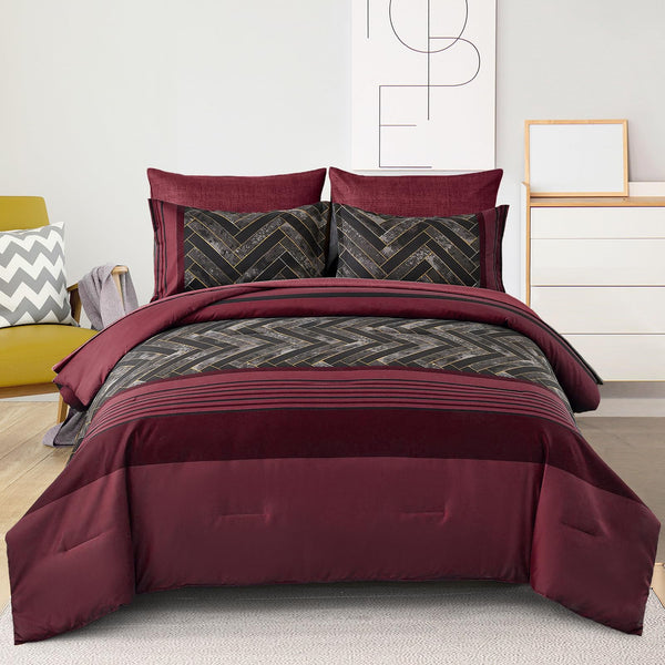 Luxudecor Black Comforter Set Queen Size, 7 Pieces Stripe Geometric Bed in a Bag, Geometric Comforter and Sheet Set, Soft Microfiber Complete Bedding Sets for All Seasons