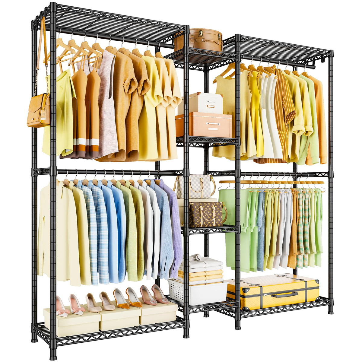 Ulif E4 Clothes Rack, Heavy-Duty Garment Rack, Metal Freestanding Clothing Organization Storage System Can Be L-Shaped with Shelves and Hangers, Max Load 962lbs, 71.6" W x 14.5" D x 79.3" H, Bronze
