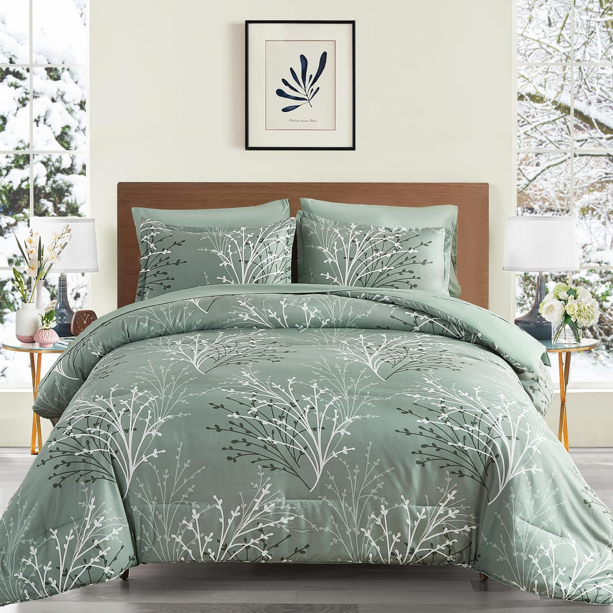 Sage Green Comforter Set King Size Branch Botanical 7 Piece Bed in a Bag Light Green Floral Bedding Sets, Soft Microfiber Branches Leaves Pattern Reversible Comforter Set for All Season (104''x90'')