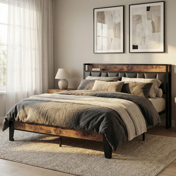 LIKIMIO Full XL Bed Frame, Storage Headboard with Charging Station, Solid and Stable, Noise Free, No Box Spring Needed, Easy Assembly(Vintage and Black)