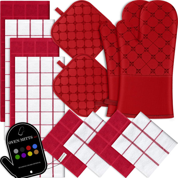 Oven Mitts Kitchen Towels Dishcloths with Pot Holders Sets 12PCS, Dish Towels Sets, Oven Gloves Pot Pads Heat Resistant 500 Degrees with Non-Slip Silicone Surface for Cooking Baking Grilling -Red