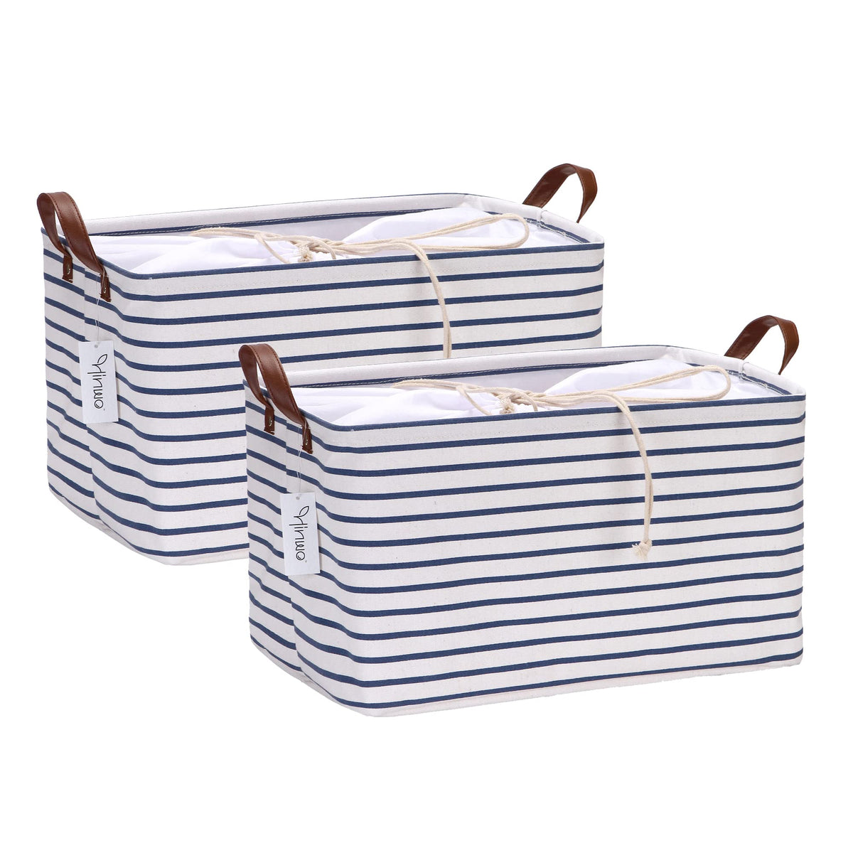 Hinwo 4-Pack 70L Extra Large Capacity Storage Basket Canvas Fabric Storage Bin Collapsible Storage Box with PU Leather Handles and Drawstring Closure, 22 by 15 inches, Waterproof Inner Layer, Black Stripe